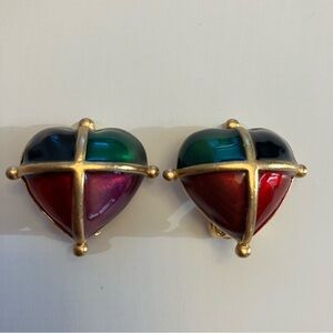 Vintage Anne Klein | Colorful Puffy Heart shape Clip On Earrings with gold tones